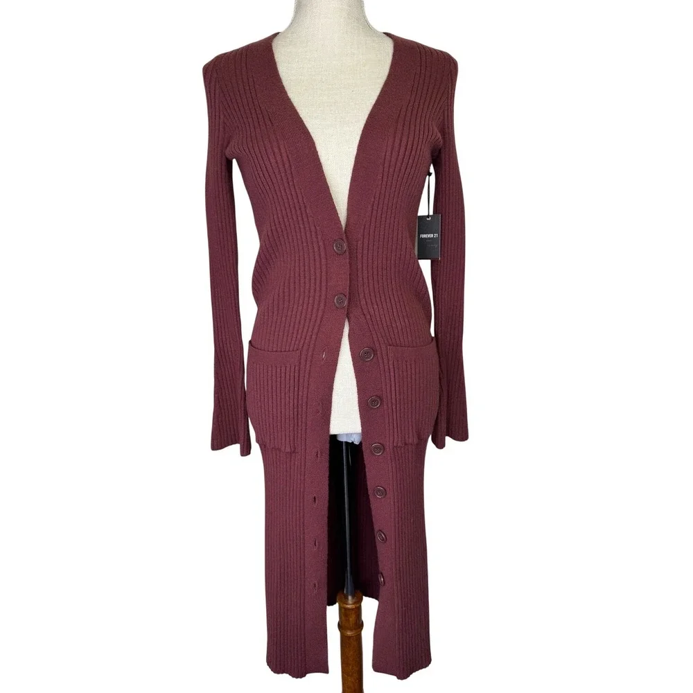 Forever 21 Ribbed Duster/Cardigan‎ Button Front XS Brown NEW